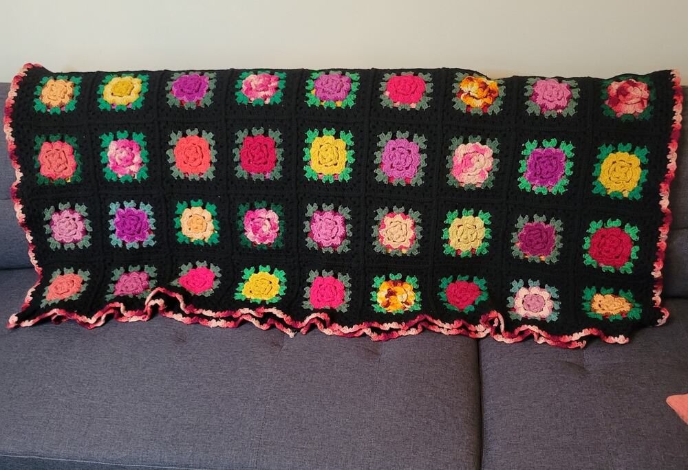 Granny Square Crochet Afghan Flower Rose Colorful Throw Black Multicolor 56X 64